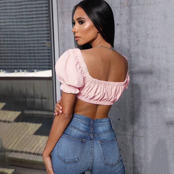Ny stil dragsko ribbad axelbandslös topp för kvinnor pink S