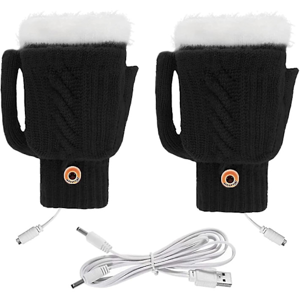 Varmhållande USB-handskar för kvinnor & män - Stickade, hela & halva fingrar, värmande utan fingrar med knapp, tvättbar design_as balck