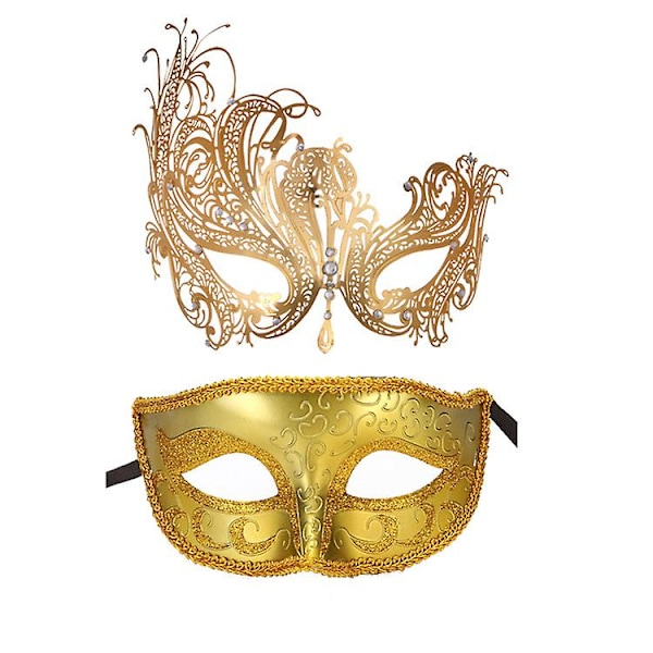 2 st guld venetianska masker, metallmaskeradmask, parmask, bal, karneval