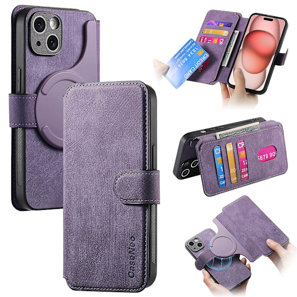 Irrotettava magneettinen lompakkokotelo iPhone 15:lle, miehille ja naisille, RFID-suojattu materiaali, retro folio flip nahkakotelo, jossa on 3 korttipaikkaa 15 Pro Purple