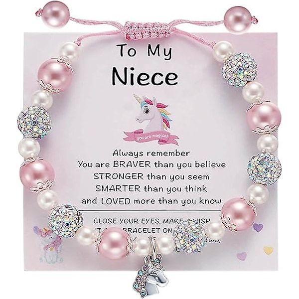 Unicorn Perle- og Rhinestone-armbånd i Rosa med Kort & Gaveeske til Små Jenter, Unicorn-elskere Bursdag Påskegaver