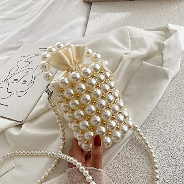 Håndveske med perler for kvinner hvit perle dekorasjon kveldsvesker med avtakbar kjede innerveske A916-609