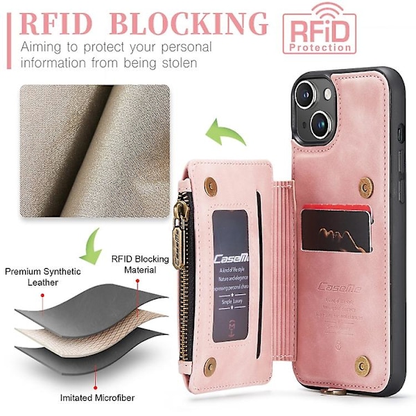 For Iphone 15 Caseme C20 Multifunksjonell RFID Lær Mobiltelefonveske Pink 15 Pro