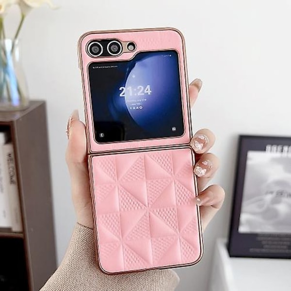 Til Samsung Galaxy Z Flip5 5g Forgyldt Plaid Pu All-inclusive Stødsikker Mobiltelefon Cover Pink