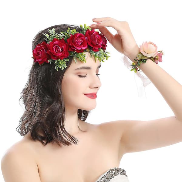 Jente Hodebånd Boho Rose Blomsterkrone Bryllup Brud Hodeplagg Strand Tiara