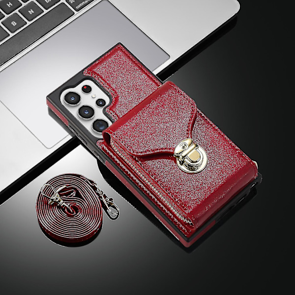 For Samsung Galaxy S24 Ultra Zipper Wallet Case, Card Holder Leather Cover With Crossbody Lanyard For Women