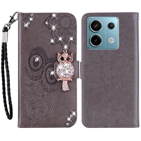 For Xiaomi Redmi Note 13 4G Case Rhinestone Leather Phone Cover Owl Flower Pattern