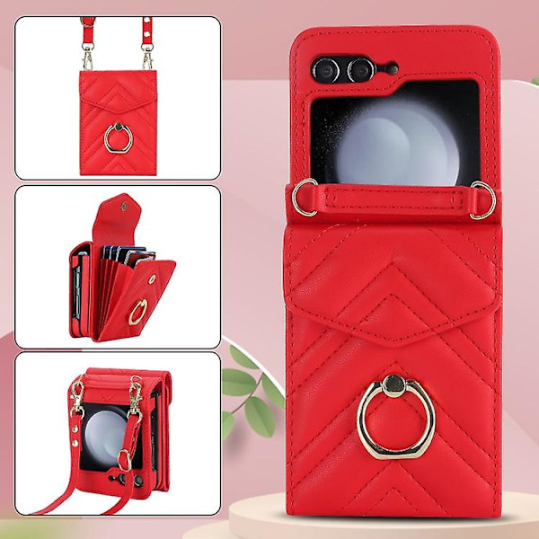 Til Samsung Galaxy Z Flip5 V-formet RFID Kortlomme Mobiltelefonetui Med Ringholder Red