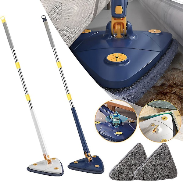 360 Asteen Kiertävä Säädettävä Puhdistusmop Wet & Dry Kaksoiskäyttöinen Kolmiomainen Vapaakätisesti Pestävä Mop Lattian ja Seinän Puhdistukseen Blue 2 Cloths Included