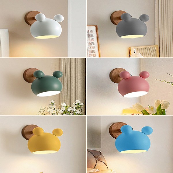 Kreativ Tegneserie Vegglampeholder i Tre, Nordisk Makron E27 LED Sengelampeholder, Barneleselampe for Gang, Stue, Loft (Rosa) Grey Mickey Wall Light