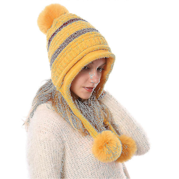 Naisten perulainen korvaläpällinen pipohattu neulottu pom pom talvi lumisade hiihtohattu yellow