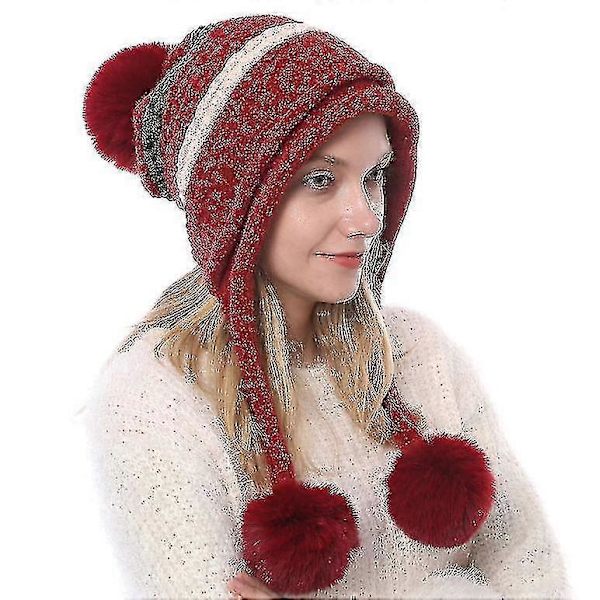 Damer Peruviansk Ørevarmer Hue Hat Strikket Pom Vinter Sne Ski Hat dark red