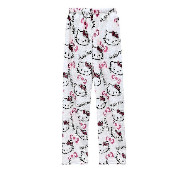 Kawaii Pyjamas til Kvinder og Piger Tegneserie Hellokitty All Over Print Flanel Jul Anime Bløde Sovepyjamas Bukser M White