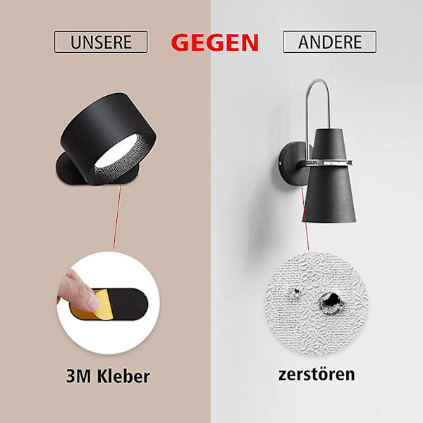 Indendørs væglamper, berøringsstyrede LED-lys, trådløse væglamper, sort, USB-opladning