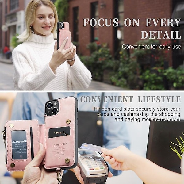 Caseme C20 Multifunktionellt RFID Läder Mobilskal för Iphone 15 Pink iPhone 15
