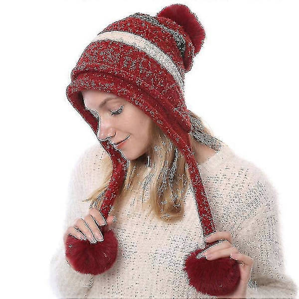 Naisten perulainen korvaläpällinen pipohattu neulottu pom pom talvi lumisade hiihtohattu dark red
