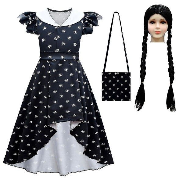 Morticia kostyme for barn Halloween Addams onsdagskjole antrekk Vintage svart gotisk utskriftsklut Cos Christina.c Høy kvalitet Dress bag wig 6T-120