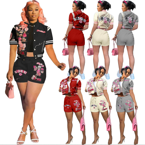 Dame 2-delt varsity antrekk Kortermet Crop Top Joggedress Bodycon Shorts Jumpsuit sett Red S