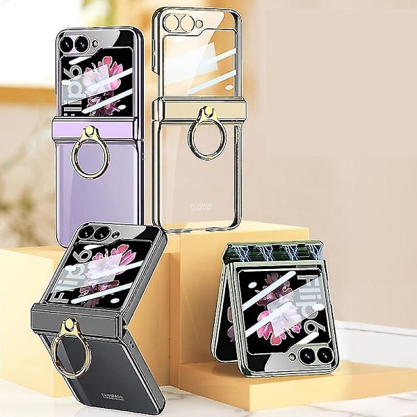 Til Samsung Galaxy Z Flip 6 Etui med Ringholder Magnetisk Hængsel Dækning Beskyttende Transparent Belægning PC All-Inclusive Cover Gold