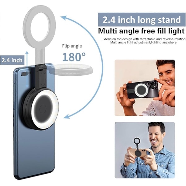 Magnetisk Selfie-lys, Bærbar Magnetisk Telefon Selfie-lys og Stativ, 3 Farvetilstande LED Fyldlys til iPhone, iPad, til Makeup, TikTok White