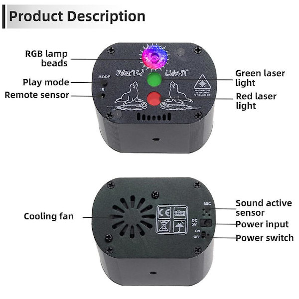 Mini USB-laddningsbar DJ-discolampa med strobe-laserprojektor Rechargeable Battery