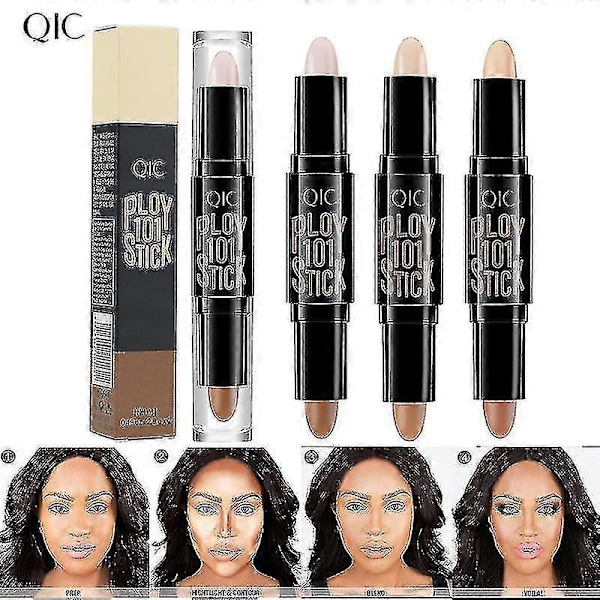 3-pakks sett med dobbeltsidig highlighter- og konturstift for sminke og concealer for 3D ansiktsforming og kroppssminke