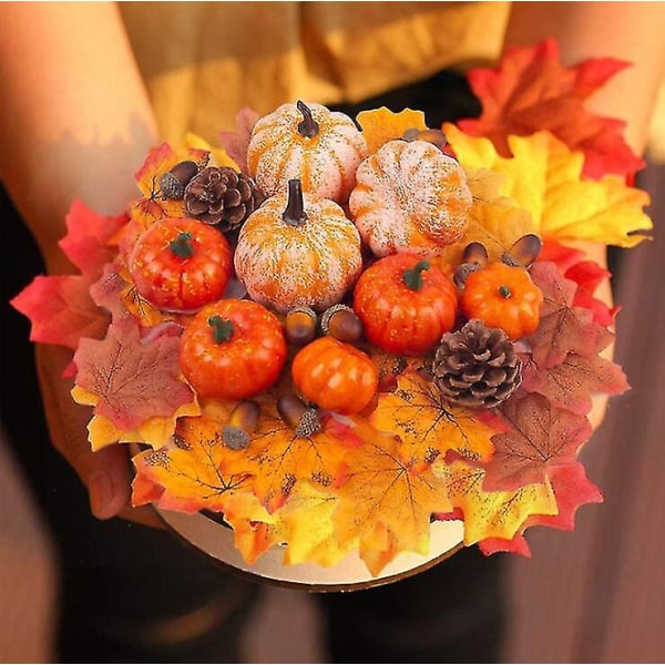 Artificial Pumpkins For Decoration, Fake Pumpkins With Lifelike Maple Leaves Faux Pumpkins Artificial Vegetables For Fall Garland Halloween Thanksgivi