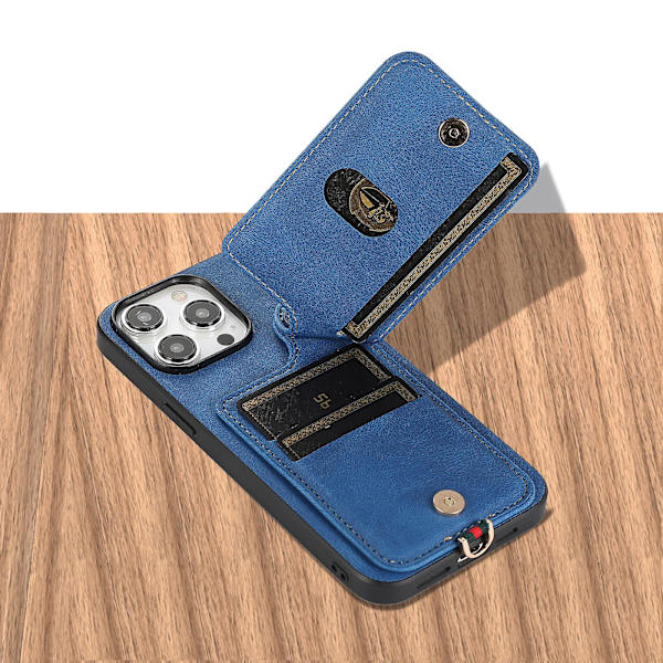 Fodral för Iphone 14 Pro Max med stativ och kortfack i TPU+läder Blue