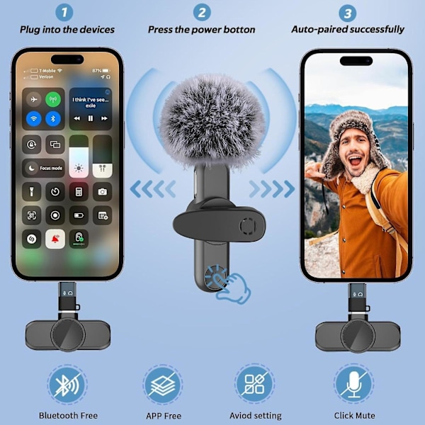 2-pack trådlös lavaliermikrofon, plug and play professionell mini trådlös lavaliermikrofon, trådlös mikrofon för vloggning live-sändning A