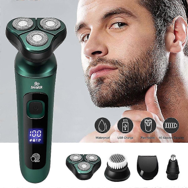 4 i 1 USB Opladbar Elektrisk Mænds Barbermaskine Med Roterende Hoveder Med Vandafvisende LED-Display, Til Brug I Vådt Og Tørt