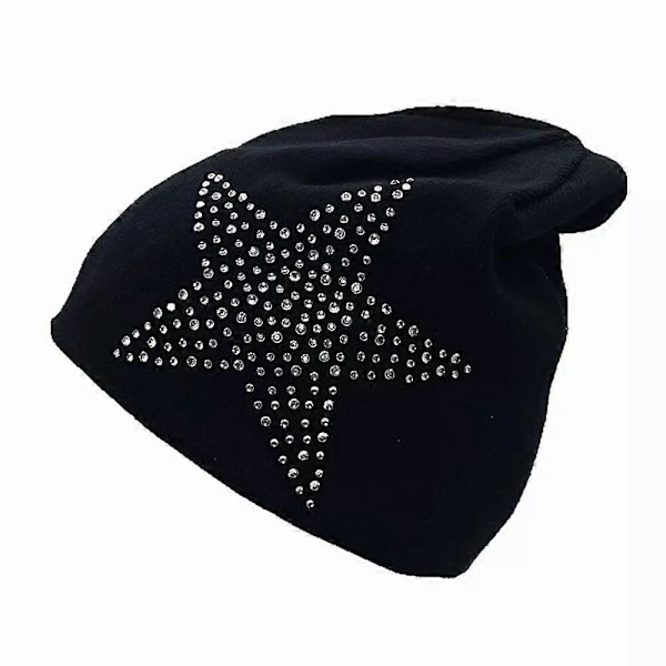 Dame Vinter Varm Strikket Beanie Lue Rhinestone Stjerne Slapp Skull Dobbeltsidig Lue black