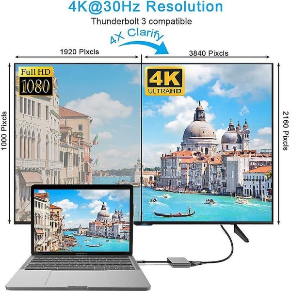 Type-c HDMI ja Vga ja USB ja Pd , 4 in 1 Type C - Vga Hdmi 4k Uhd Usb3.0 ja Pd3.0 Hub, USB C -sovitin Macbook Prolle/imac/air Chromebook Pixelille