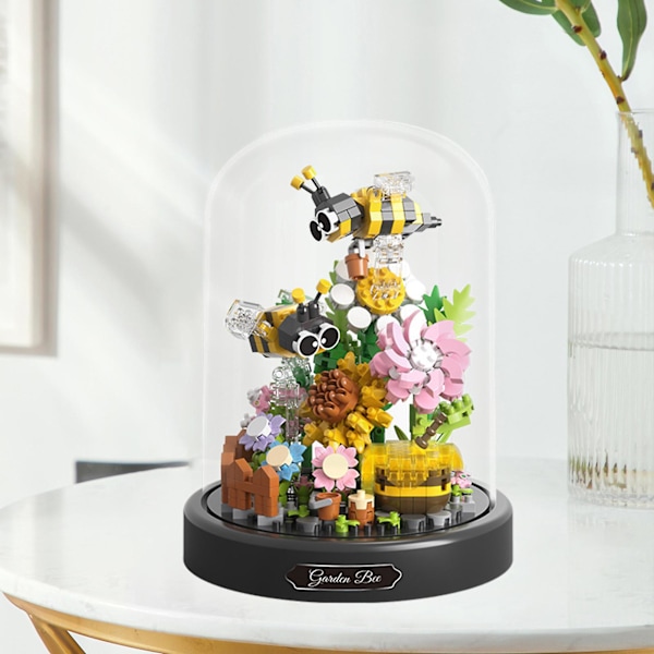 Byggeklodser Sommerfugle Blomster Sæt med Glas Støv Cover Bi Blomsterbuket Byggeklodser Legetøj Hjem Dekoration Børn Voksne Gave Honeybee