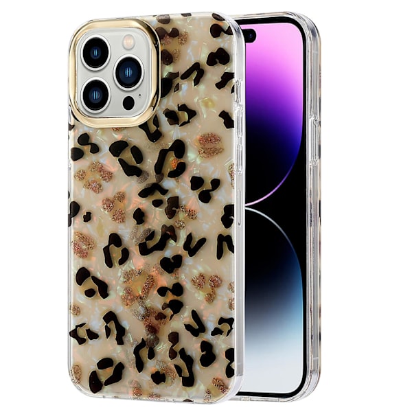 For iPhone 14 Pro deksel IMD mønster PC+TPU telefondeksel med galvanisert linseramme Y4 Glitter Leopard