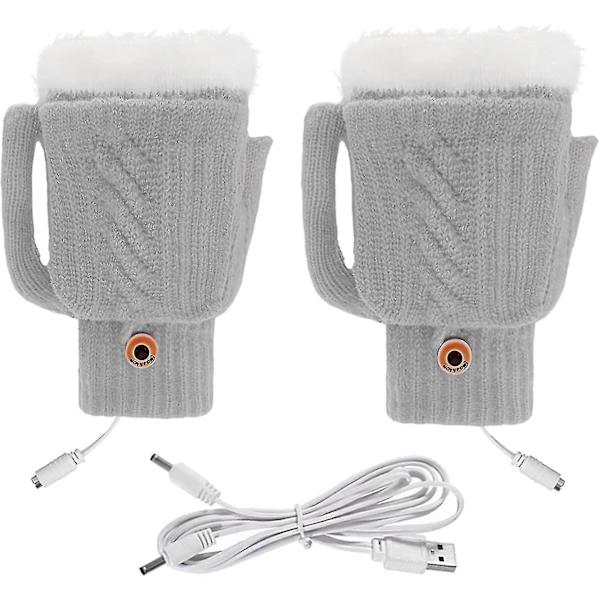 Varmhållande USB-handskar för kvinnor & män - Stickade, hela & halva fingrar, värmande utan fingrar med knapp, tvättbar design_as grey