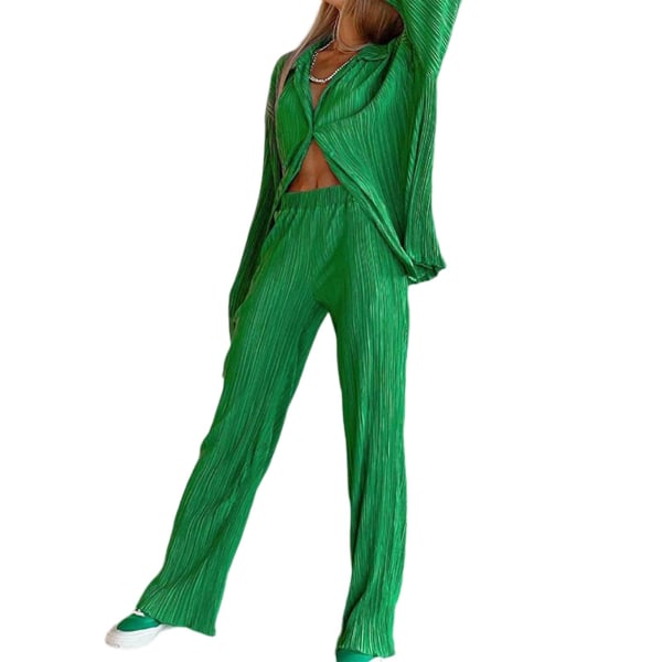 Kvinders Casual Outfits Sæt Højtaljede plisserede bukser Sæt til Go Shopping Wear Green S