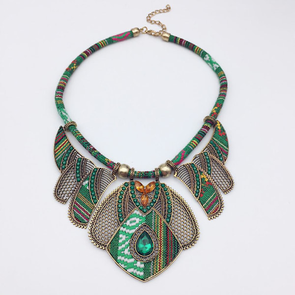 Vintage Damhalsband med Strasshänge Bib Halsband Statement Tribal Smycken Present Green