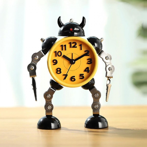 Non-ticking Robot Alarm Clock Stainless Metal Wake-up Clock With Flashing Eye Lights And Hand Clip (yellow)