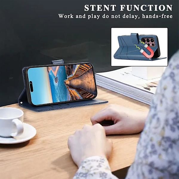 Til Samsung Galaxy S22 Ultra 5g PU Ægte Læder Tekstur Prægning Linje Mobiltelefon Etui Blue