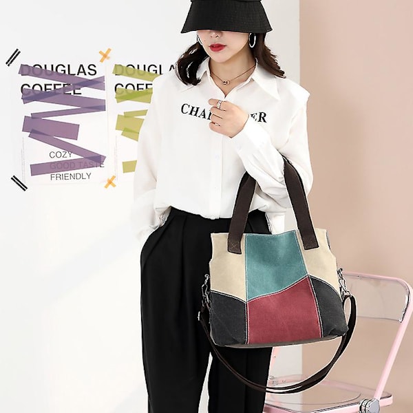 Fashion Kontrast Canvas Väska För Dam Stor Kapacitet Retro Kontrast Panel Tygväska Ny En Axel Handväska Red
