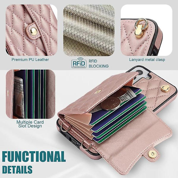 Horisontellt plånboksfodral i läder för Samsung Galaxy S22 5g, diagonalt bärbart, rombiskt Rose Gold