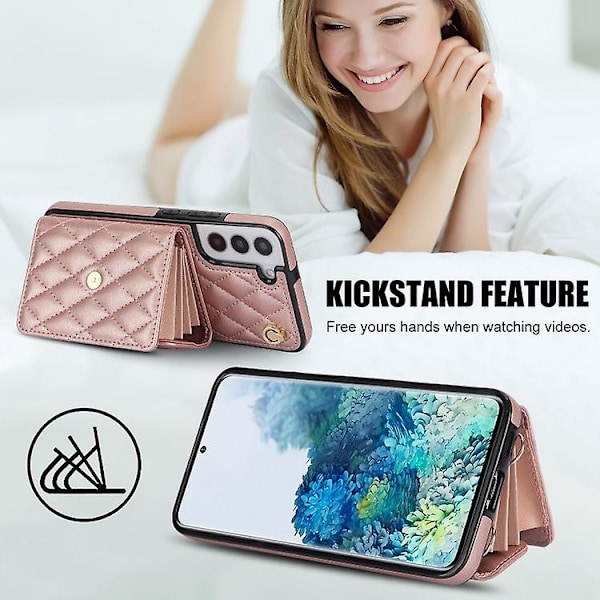 Horisontal lommebok i skinn for Samsung Galaxy S22 5g, krysskroppsveske med rombisk design Rose Gold