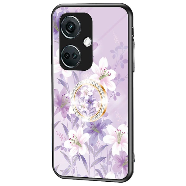 För OnePlus Nord CE3 5G Fodral Blommönster Härdat Glas Kickstand Telefonfodral Purple Magnolia