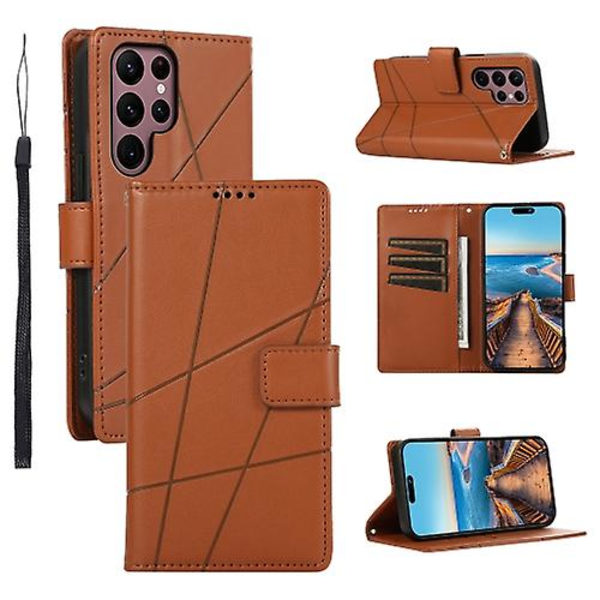 Til Samsung Galaxy S22 Ultra 5g PU Ægte Læder Tekstur Prægning Linje Mobiltelefon Etui Brown