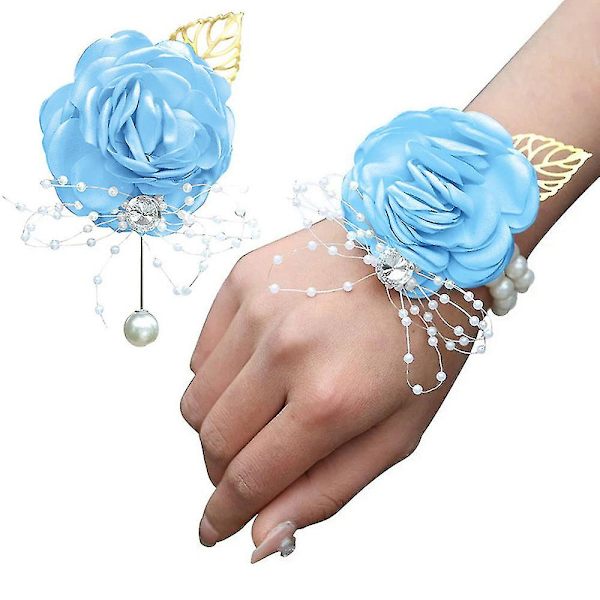 2 st brudbrudens handledsblommor, används för att dekorera balfest bröllop-1 bröstblomma+1 handledsblomma baby blue