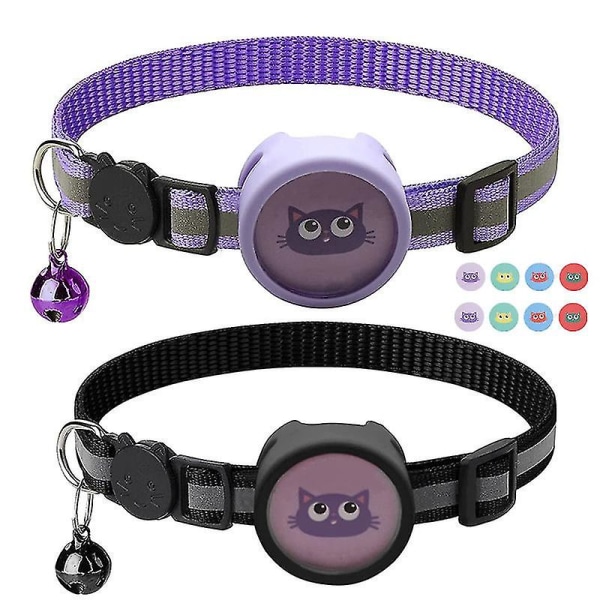 2 Pieces Pet Collars with Bells Cat Collars Reflective Collars - Black + Purple Black + Purple