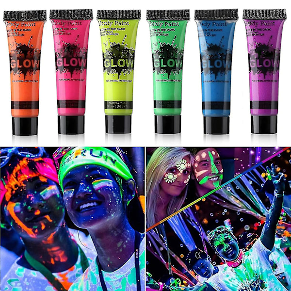 Glow In Dark Ansikts- og Kroppsmaling UV Svartlys Neon Fluorescerende 0,34oz Sett med 6 Tuber