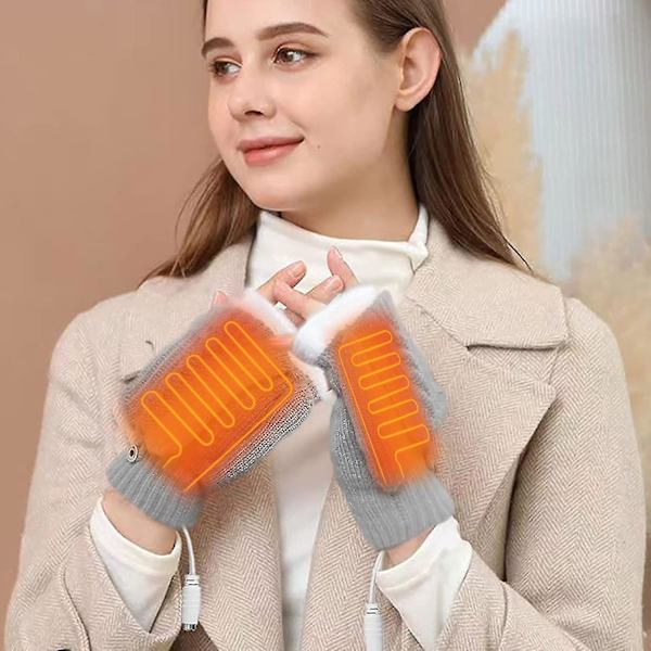 Varmhållande USB-handskar för kvinnor & män - Stickade, hela & halva fingrar, värmande utan fingrar med knapp, tvättbar design_as grey