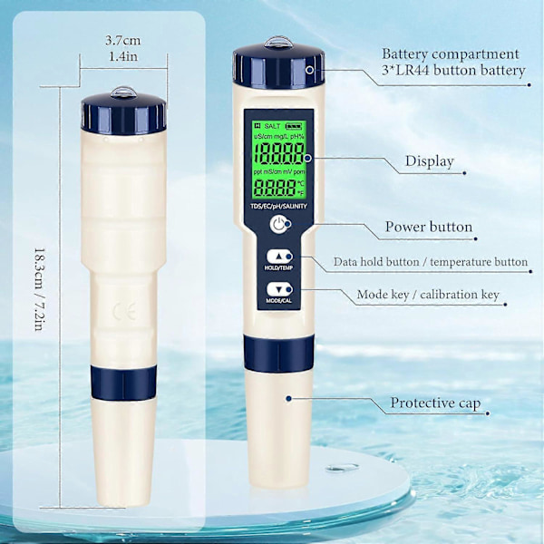 PH-mätare & TDS-mätare Digital Vattentestare 5 i 1 Salthaltsmätare PH Temp EC och TDS-mätare, PH-mätare för Vatten med LCD-bakgrundsbelysning, Vattentestkit för D