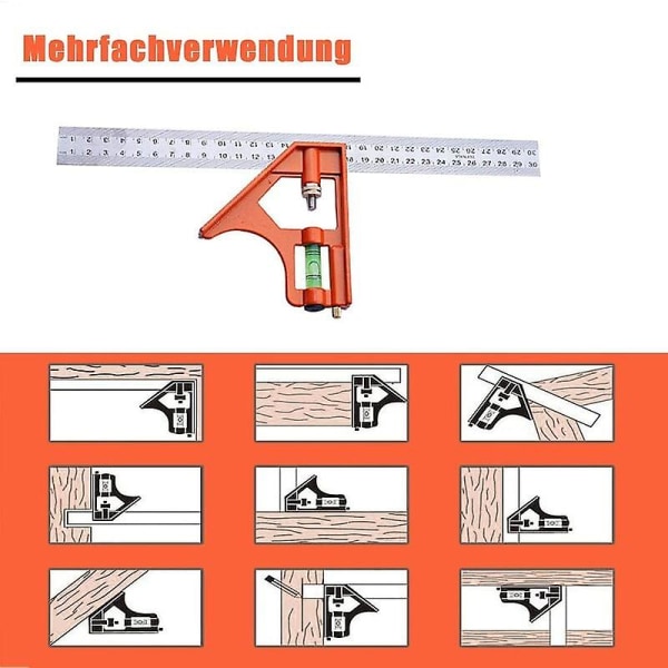 Kombinationsfirkant - 300 mm justerbar multifunktionel lineal - 12 tommer vinkelmåleværktøj med vaterpas og handy line aftrækker - Justerbar vinkel 4
